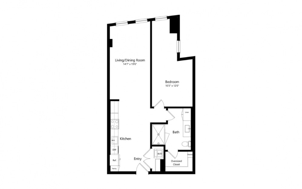 A12 - 1 bedroom floorplan layout with 1 bath and 823 to 827 square feet. (Preview)