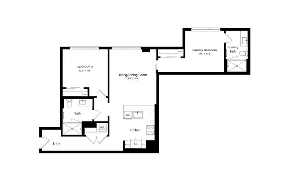 B11 - 2 bedroom floorplan layout with 2 baths and 1053 to 0 square feet. (Preview)