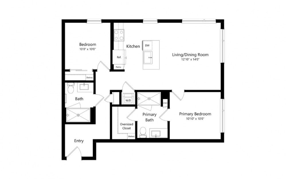 B7 - 2 bedroom floorplan layout with 2 baths and 1107 to 0 square feet. (Preview)