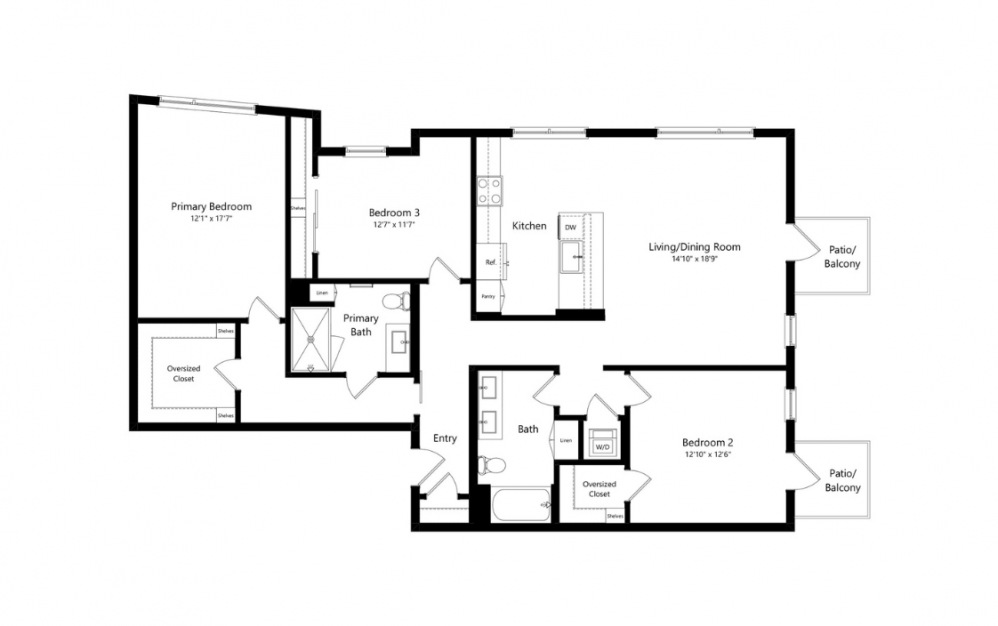 C2 - 3 bedroom floorplan layout with 2 baths and 1583 to 1605 square feet. (Preview)