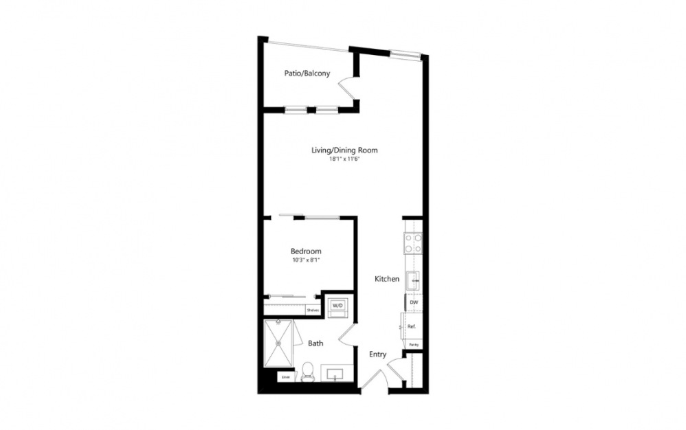 U5 - 1 bedroom floorplan layout with 1 bath and 664 square feet. (Preview)