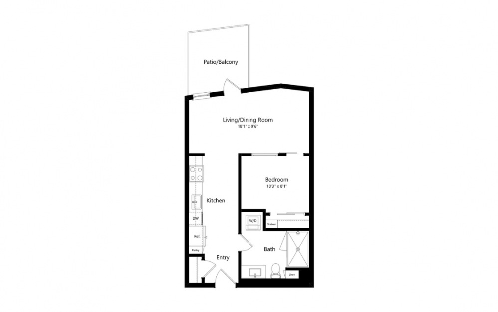 U7 - 1 bedroom floorplan layout with 1 bath and 565 square feet. (Preview)