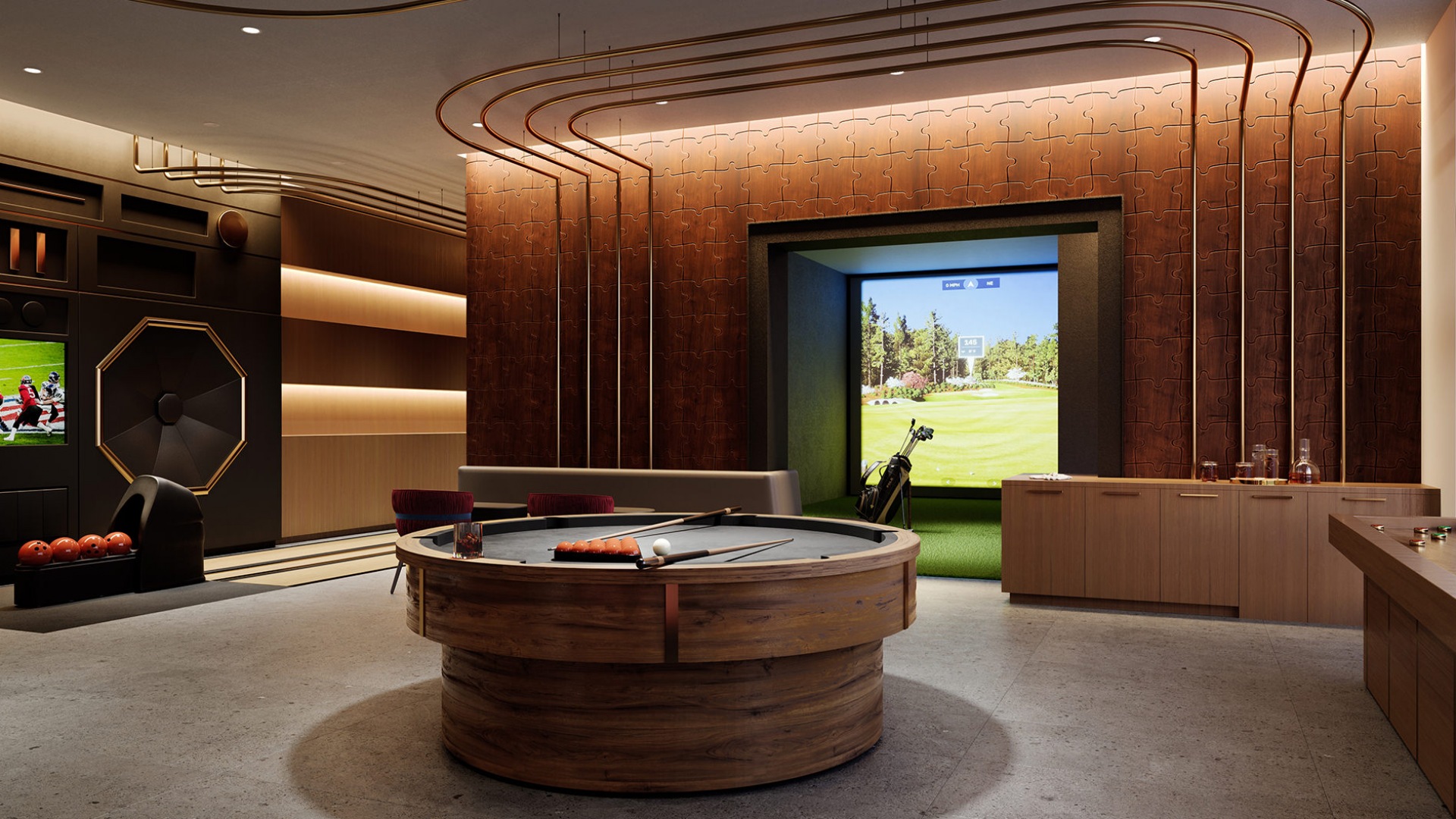 lounge with golf simulator 