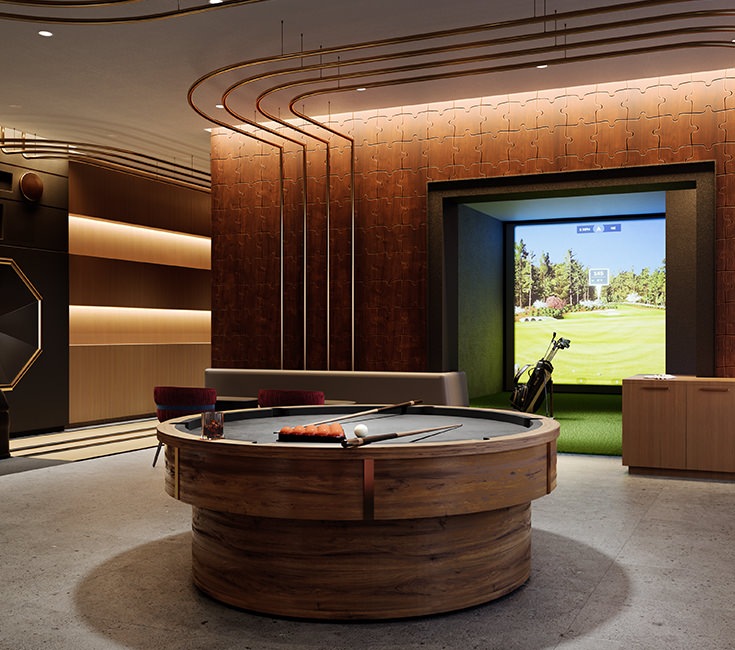large game room with golf simulator 
